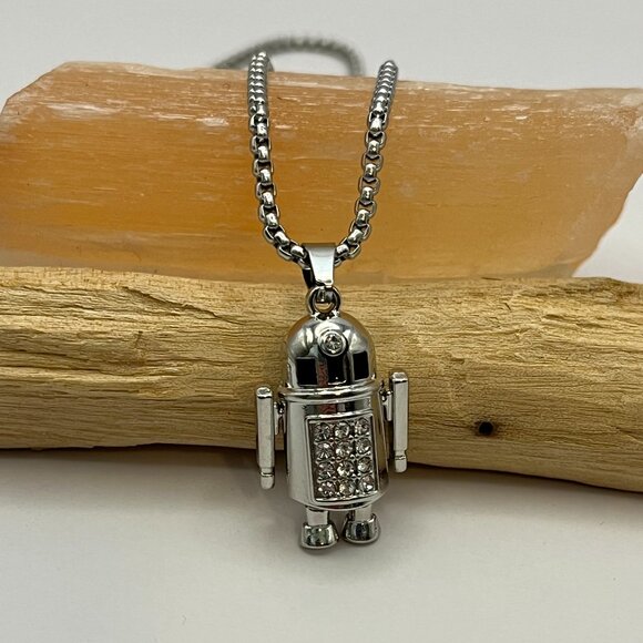 Silver Toned Blingy R2D2 Like Robot Necklace - Movable Arms/Legs - Picture 3 of 5